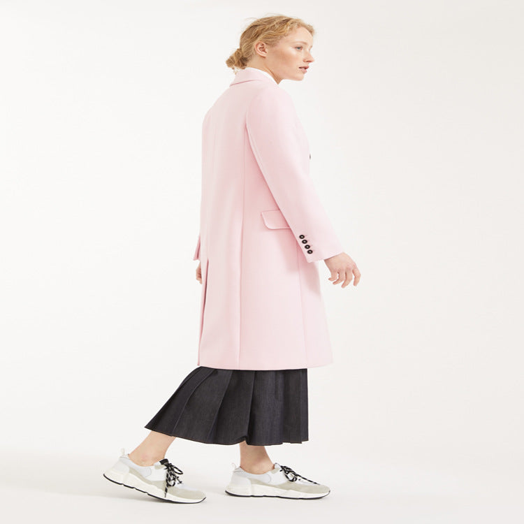 Women's Double-Breasted Midi-Length Wool Blend Coat with Emphasized Shoulder and Contrast Buttons Chichicherry