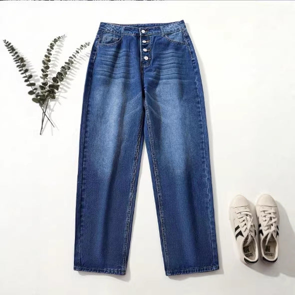 Ladies High-Waist Relaxed-Fit Jeans in Boyfriend Style with Visible Button Placket and Rolled Hem Chichicherry