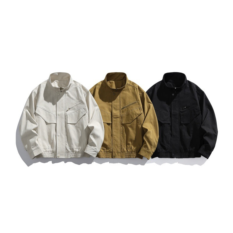 Men's Oversized Canvas Field Blouson with Utility Pockets and Stand-up Collar Chichicherry