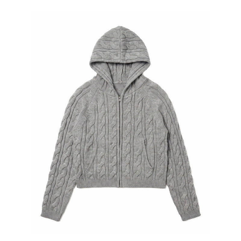 Women Hooded Braid Knit Cardigan with Zipper and Raglan Sleeves Chichicherry