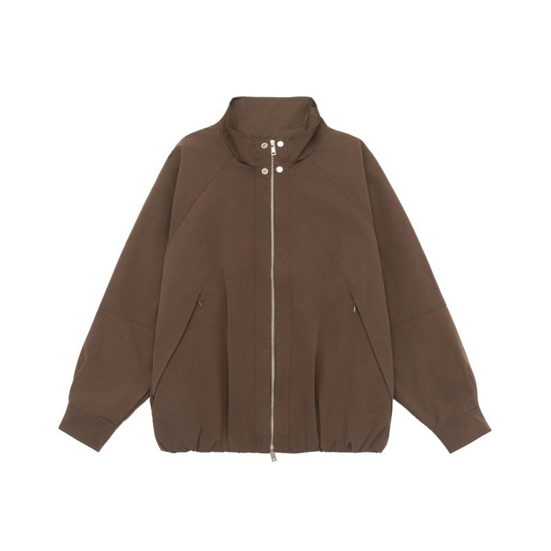 Women's Lightweight Raglan Bomber Jacket with Stand Collar and Elastic Hem Chichicherry