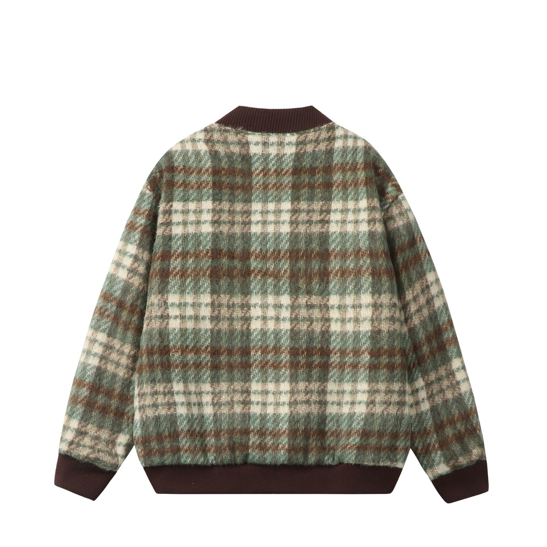Unisex Short boxy cut wool mix bomber with check pattern and ribbed cuff Chichicherry