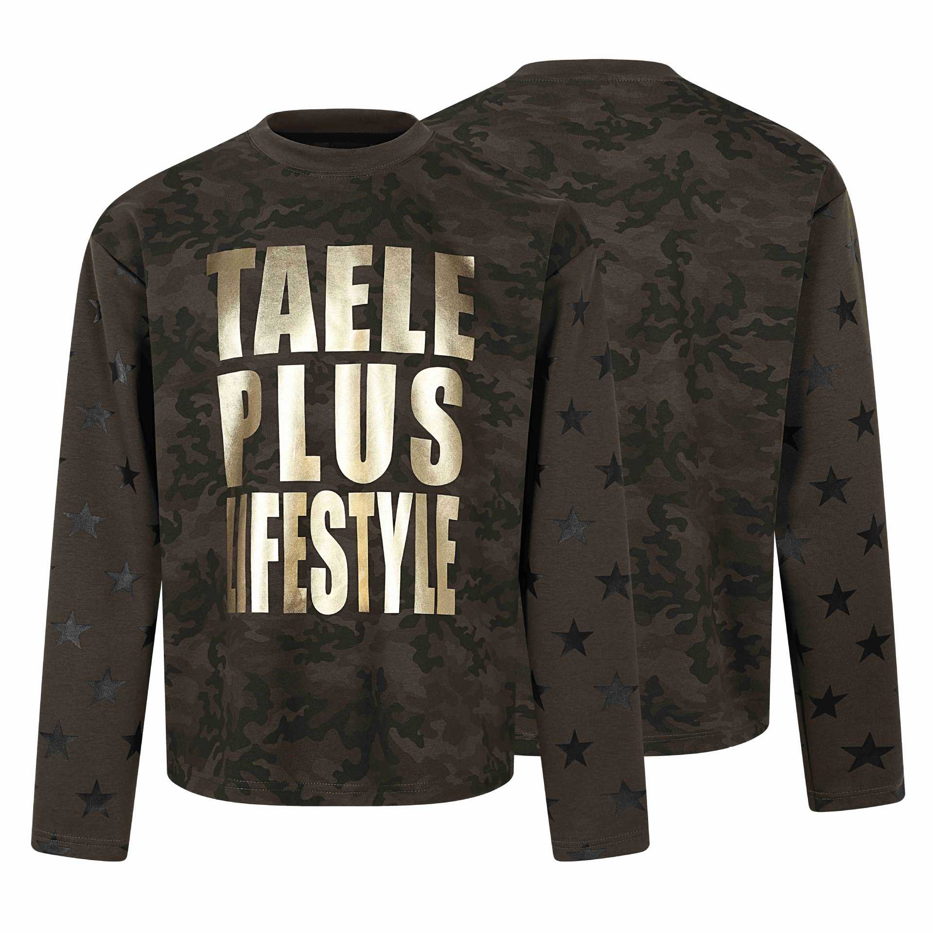 Unisex Oversize Sweatshirt with camouflage print, star sleeve appliqué and large metallic print Chichicherry