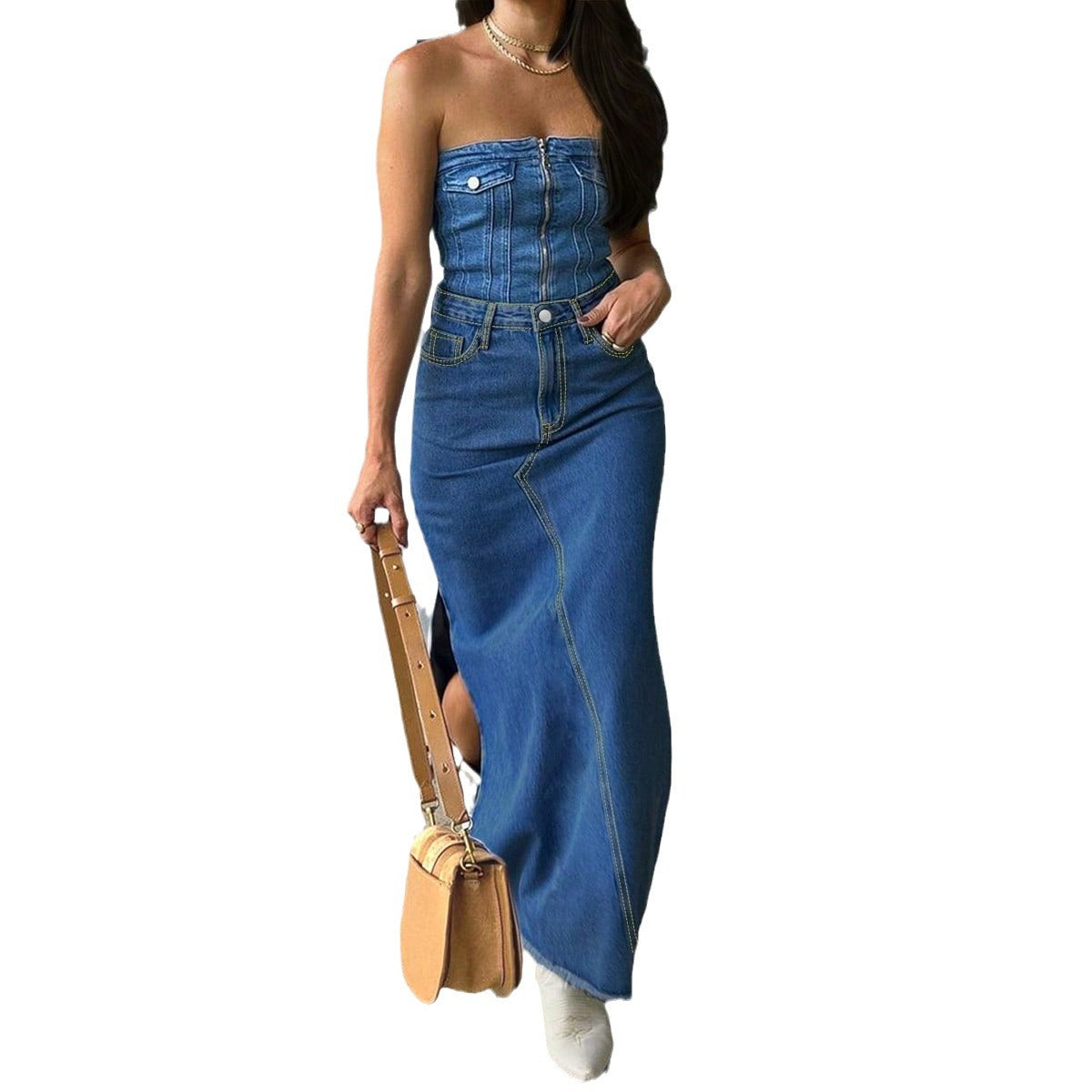 Ladies High-Waist Maxi Skirt made of Denim with front decorative seam and side leg slit Chichicherry