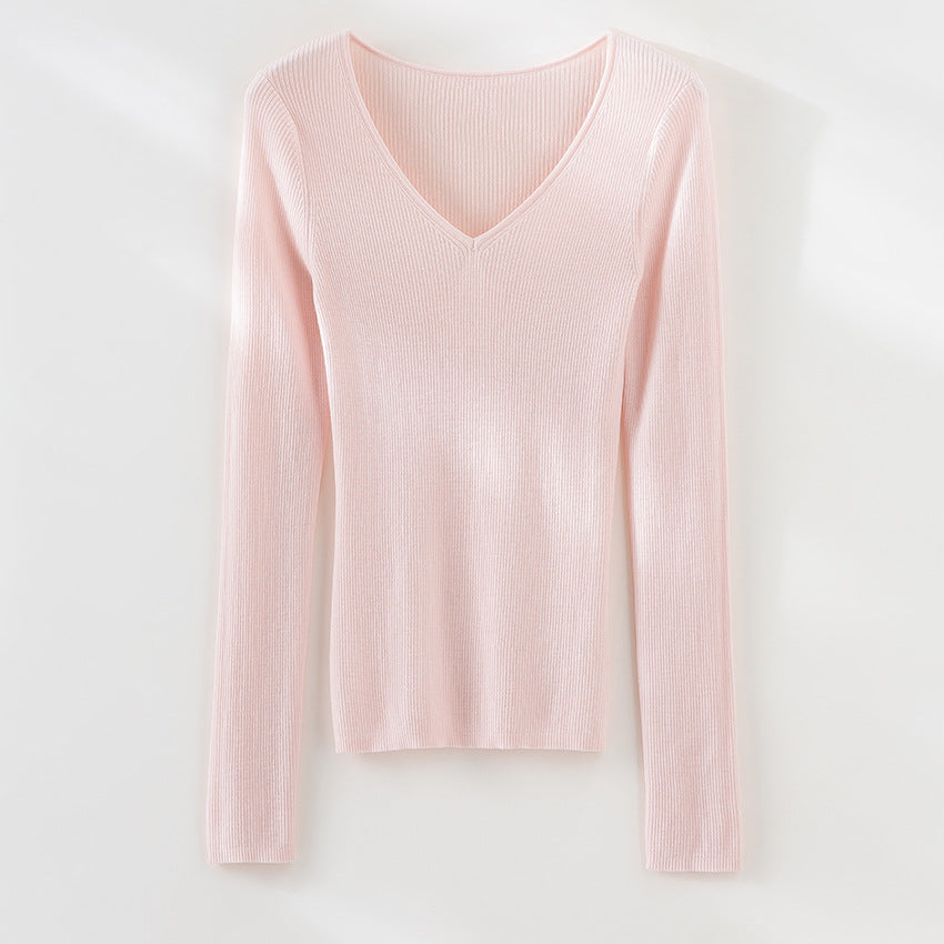 Women's Fine Rib Knit Sweater with Deep V-Neck and Tailored Fit Chichicherry
