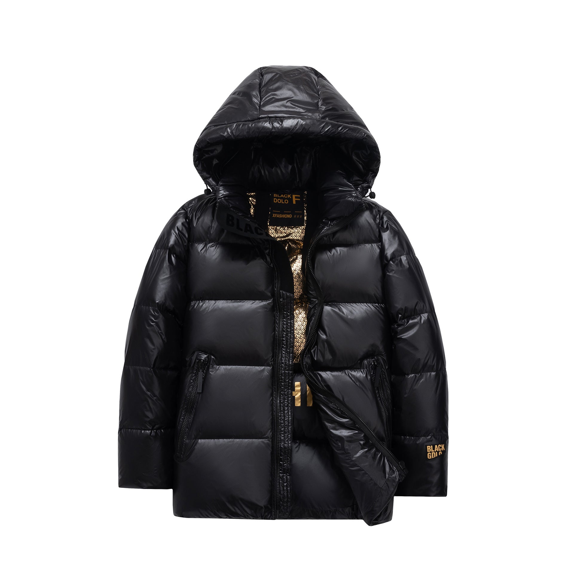 Men's shiny quilted down jacket with hood and high collar Chichicherry
