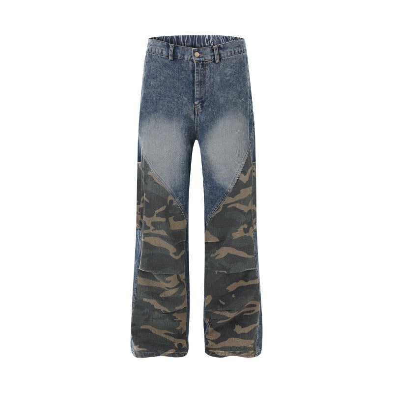 Women Wide High-Waist Denim Cargo Pants with Camouflage Inserts Chichicherry