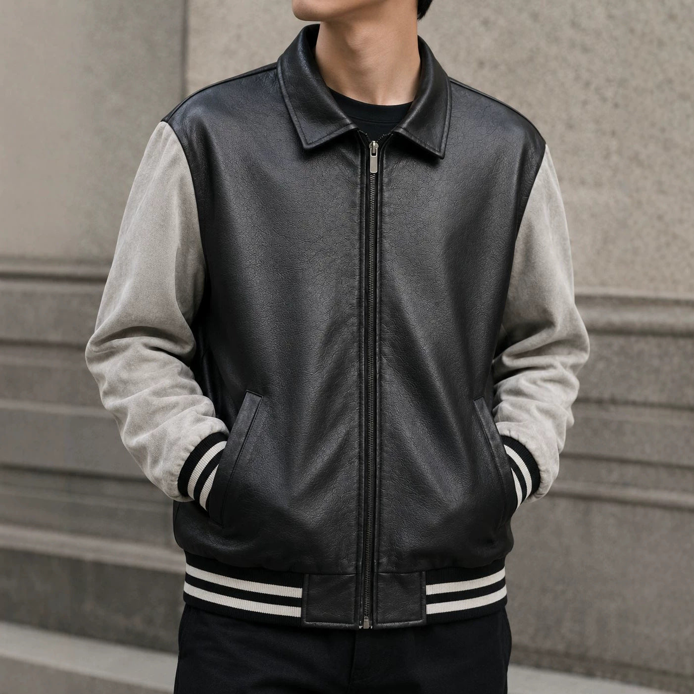 Men's Retro Letterman Bomber with Smooth Faux Leather Body and Velvet Sleeve Detail Chichicherry