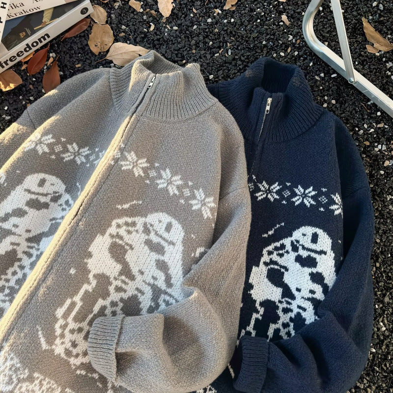 Unisex Übergroße Strickjacke mit durchgehendem Reißverschluss, hohem Rippkragen und Eulen-Intarsien Chichicherry