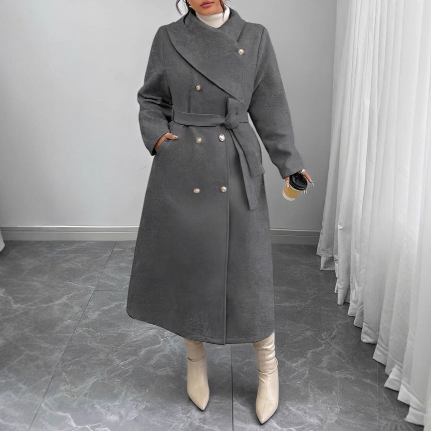 Women's Double-Breasted Wool Blend Coat with Wide Shawl Collar and Tie Belt Chichicherry