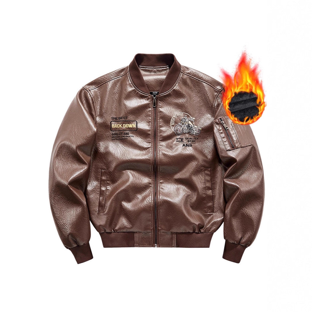 Men's faux leather bomber jacket with warming fleece lining, motorcycle embroidery and sleeve pocket Chichicherry