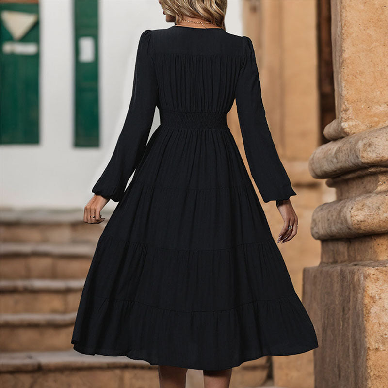 Ladies Long V-Neck Tiered Dress with Continuous Button Placket and Fitted Seam Chichicherry
