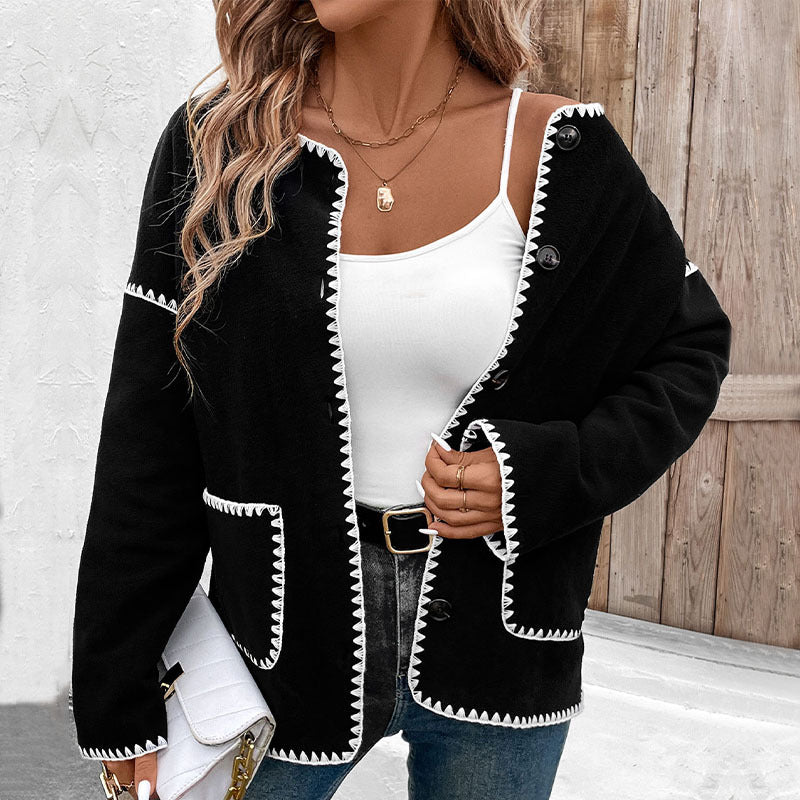 Women's Loose Crew Neck Cardigan with Contrasting Decorative Stitching, Button Placket & Patch Pockets