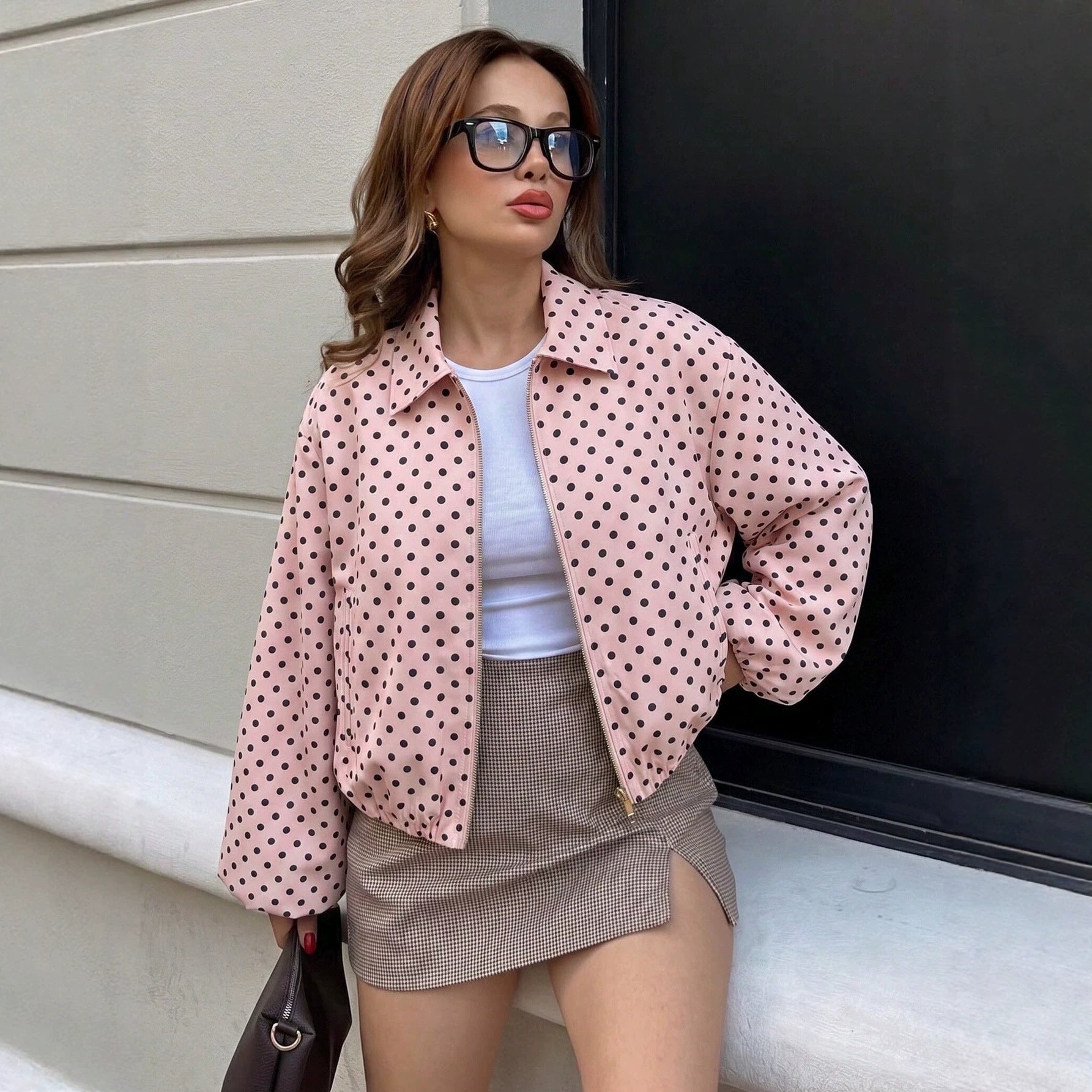 Women Polka Dot Short Bomber Jacket with Zipper Chichicherry