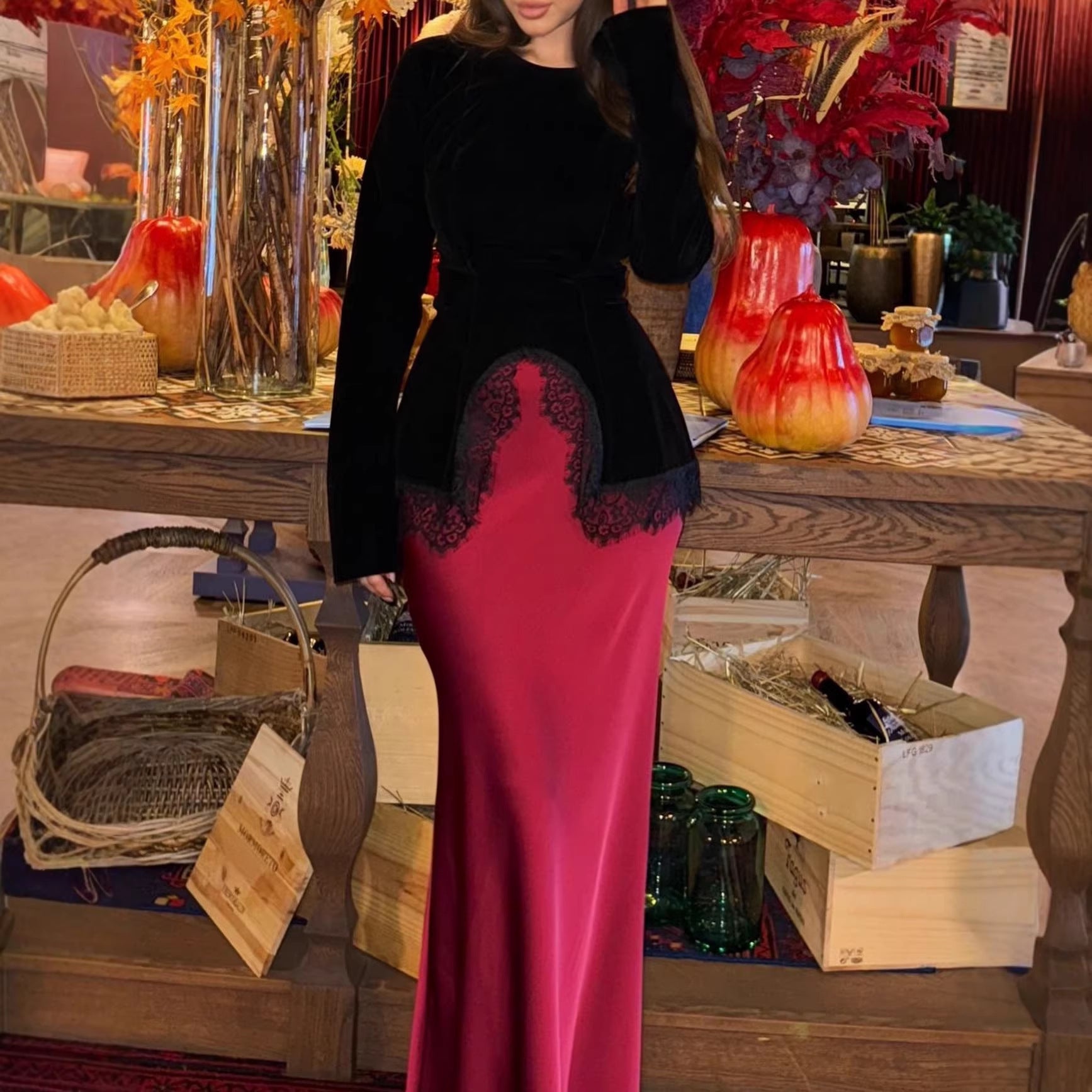 Women Elegant Velvet Long Sleeve with Lace Trim and Semi-Circular Front Slit Chichicherry
