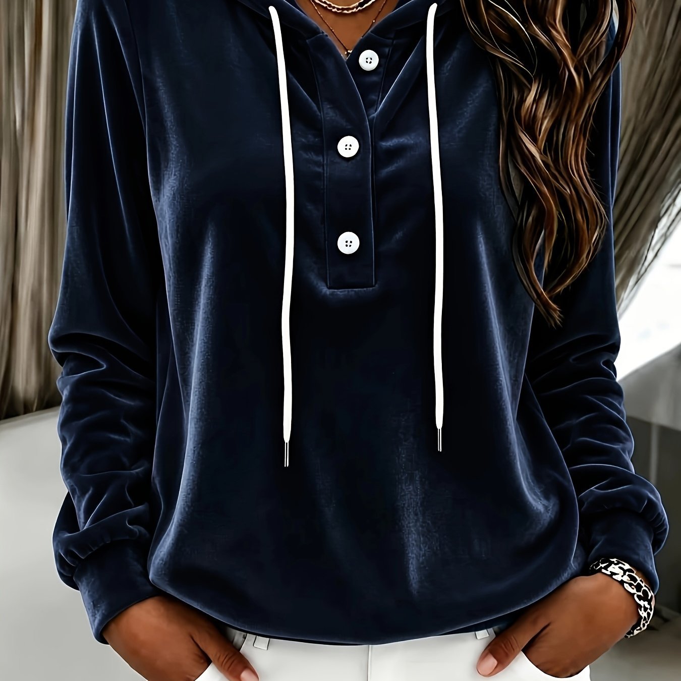 Women's Velvet Hoodie with Button Placket, Hood and Soft Fleece Finish Chichicherry