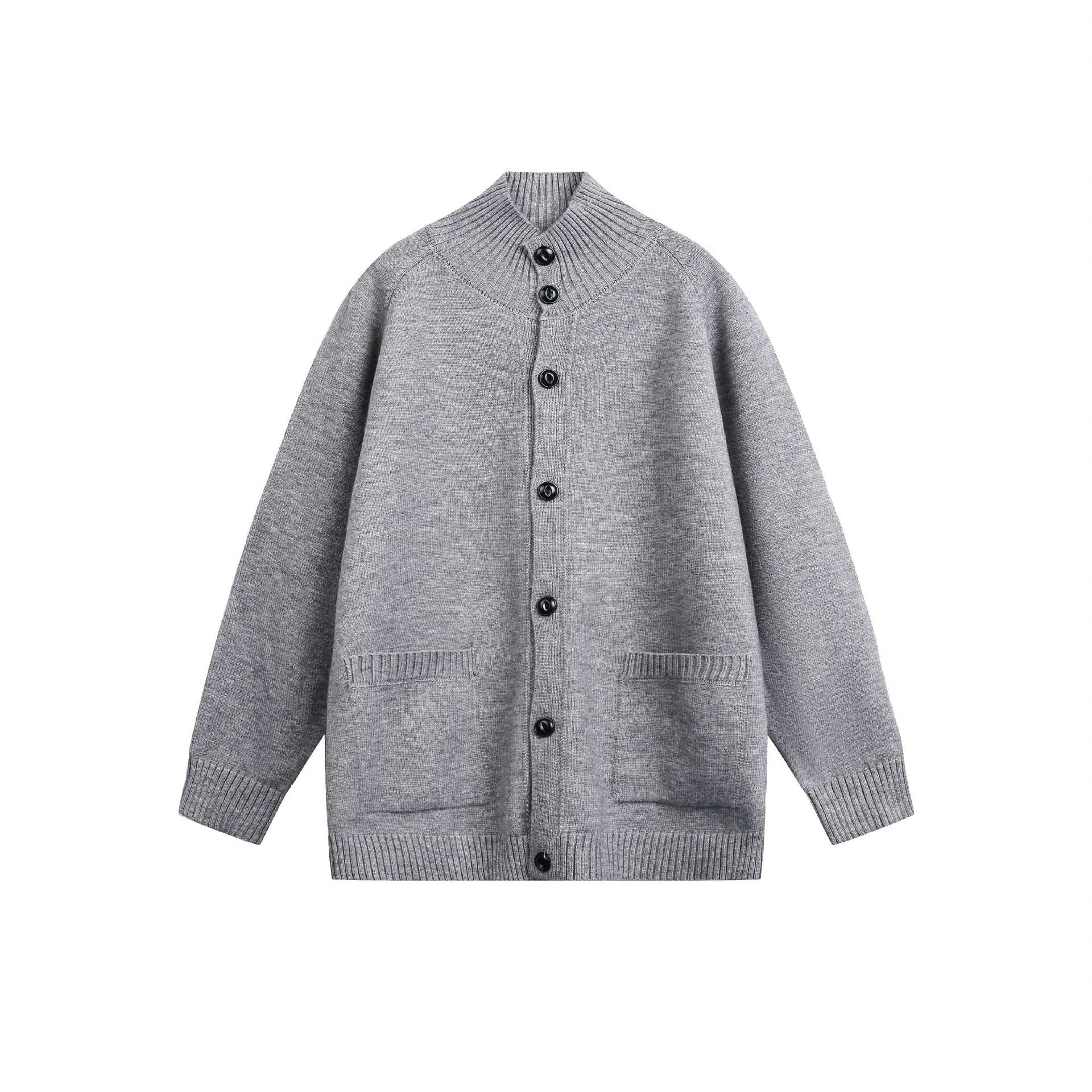 Unisex cardigan jacket with high ribbed collar, continuous button placket and side pockets Chichicherry