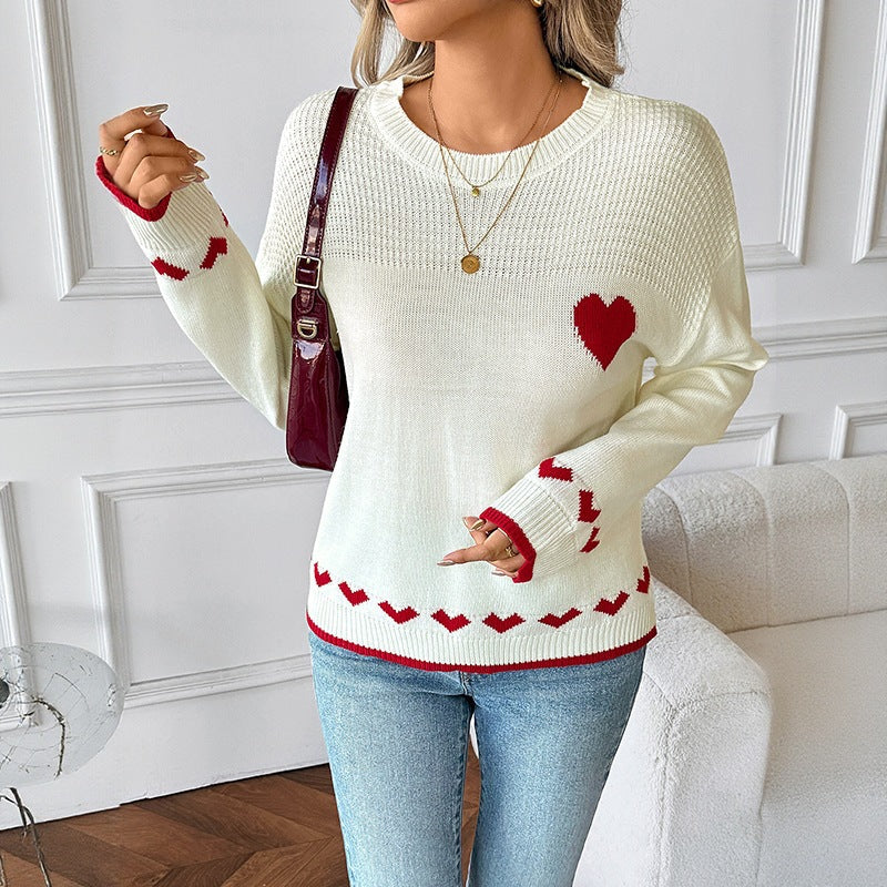 Women's knitted fine knit pullover with heart intarsias, round neckline and ribbed cuffs Chichicherry