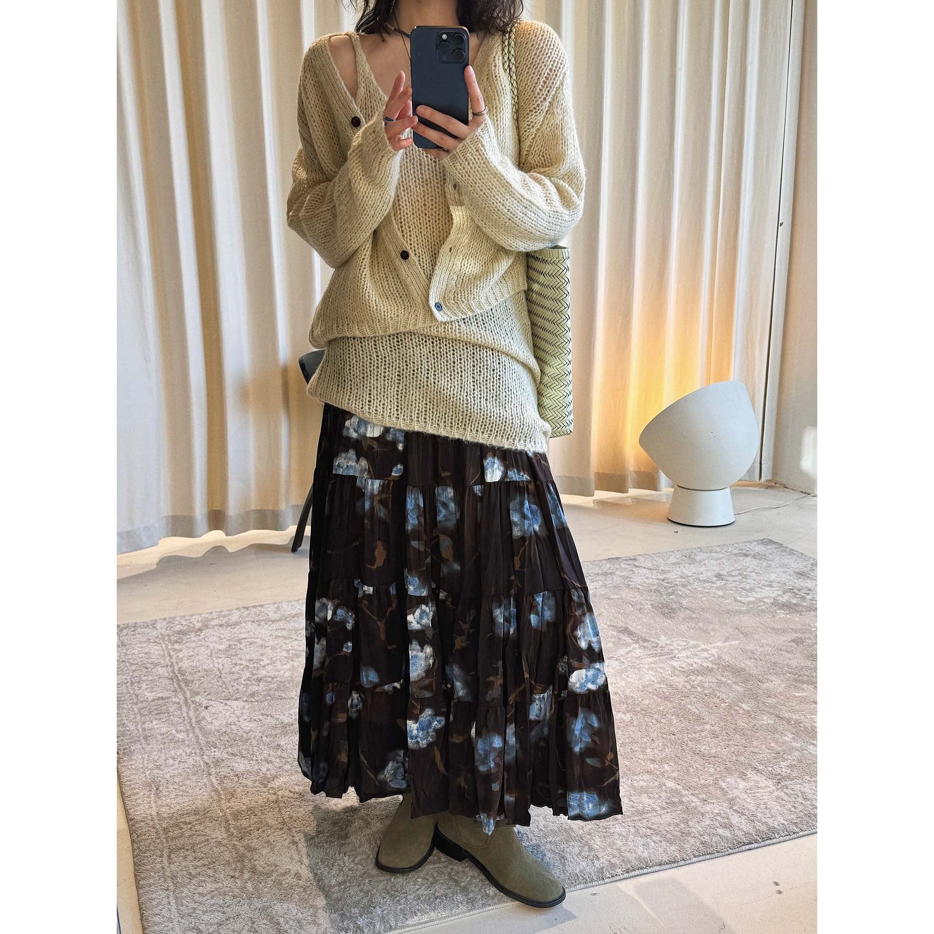 Ladies Maxi Tiered Skirt made of pleated chiffon with abstract floral print Chichicherry
