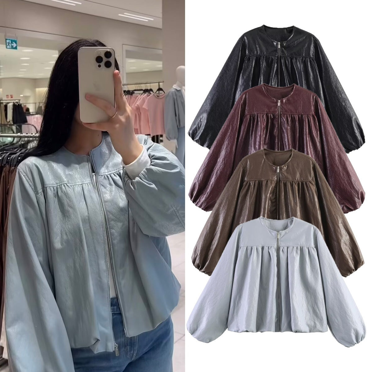 Women's short jacket with ruched yoke, round neck and balloon sleeves Chichicherry