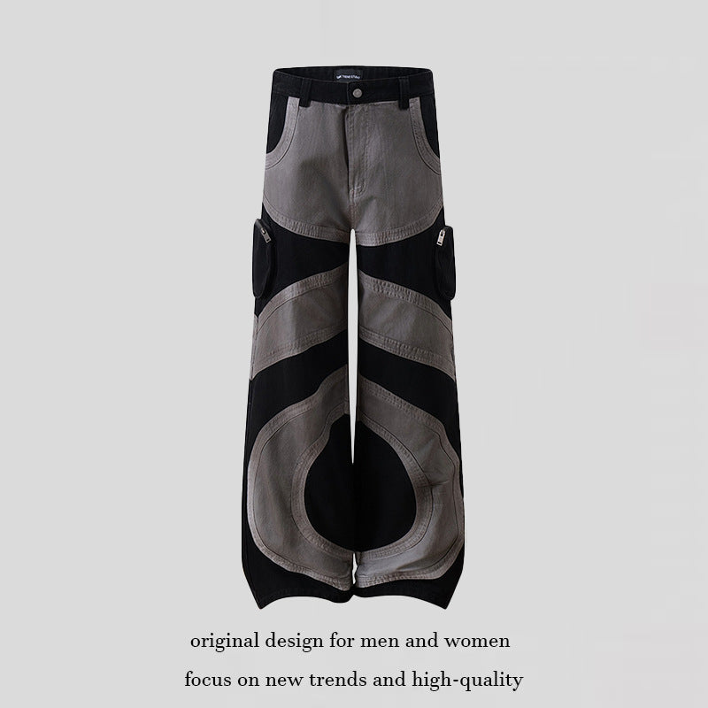 Women's wide patchwork cargo culotte pants with patch pockets and contrast stitching Chichicherry