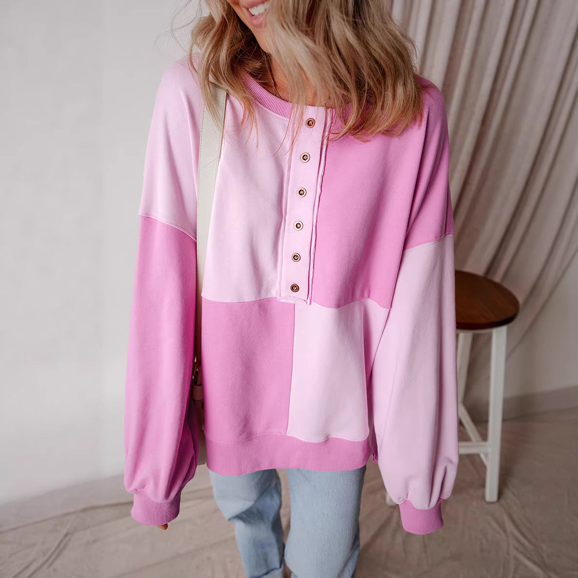 Women's Oversized Long Sleeve Sweatshirt in Colorblock with Henley Button Placket and Balloon Sleeves Chichicherry