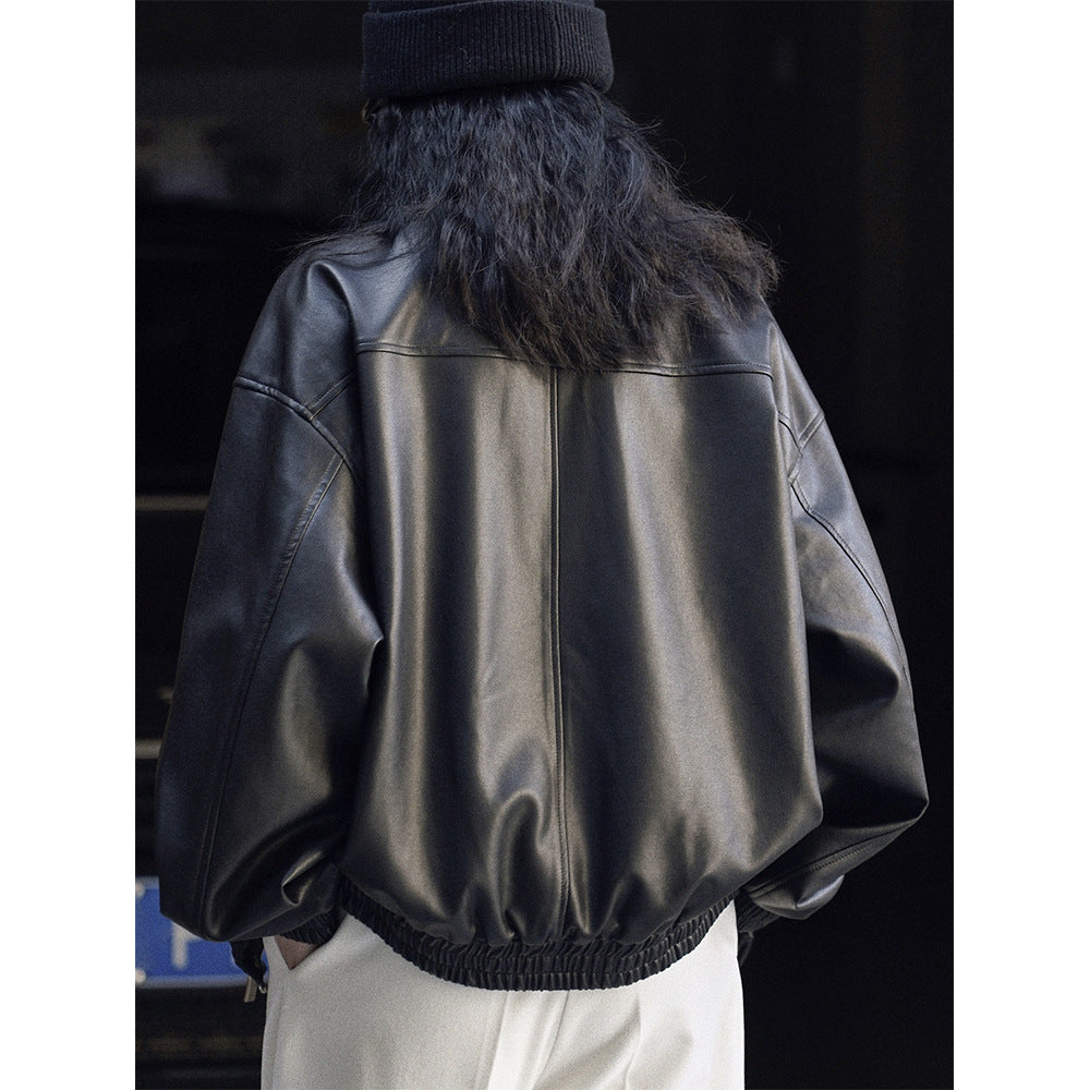 Women's Oversized Faux Leather Bomber Jacket with Flap Pockets and Elastic Hem Chichicherry