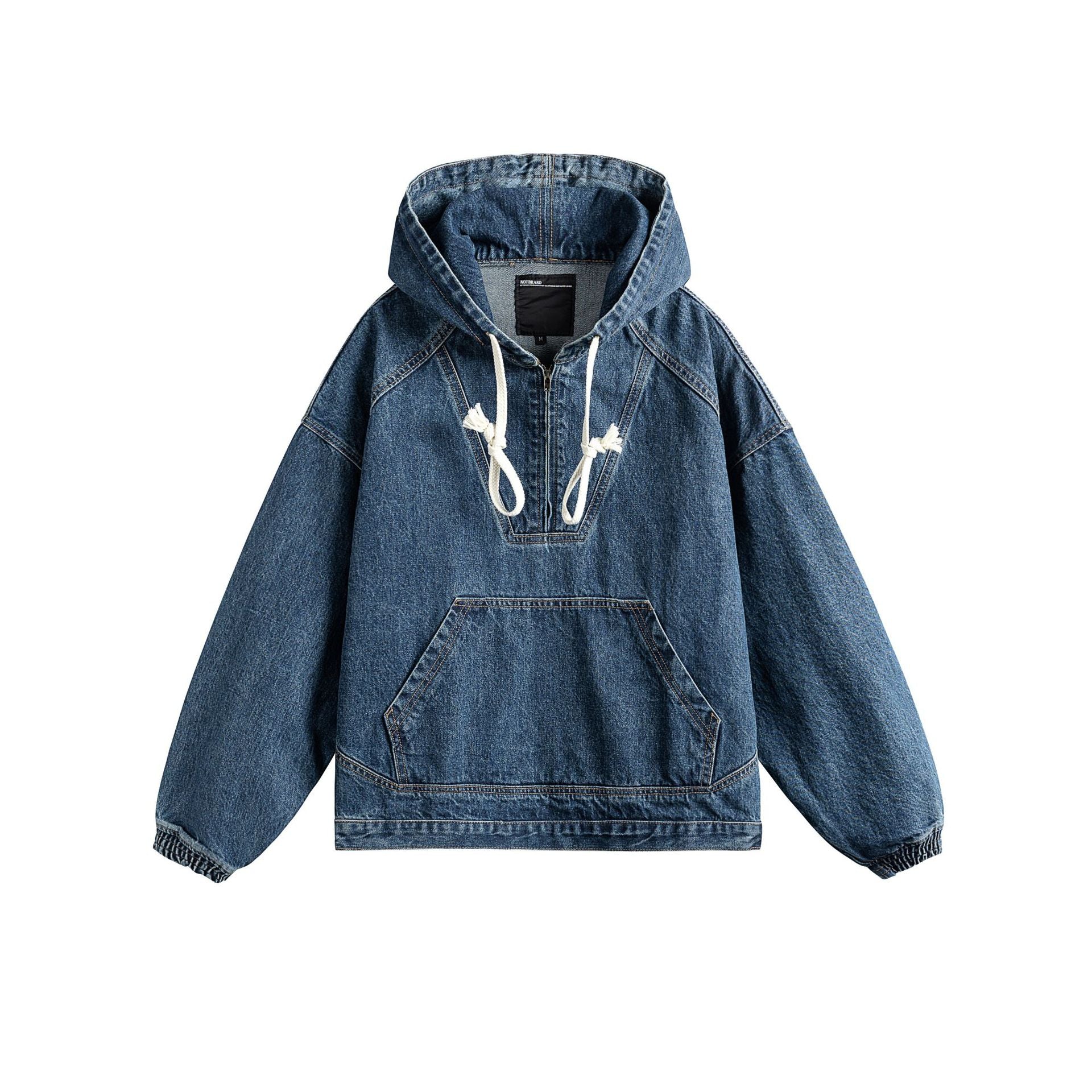 Unisex Oversize Denim Hoodie with Half Zip, Kangaroo Pocket and Drawstring Chichicherry