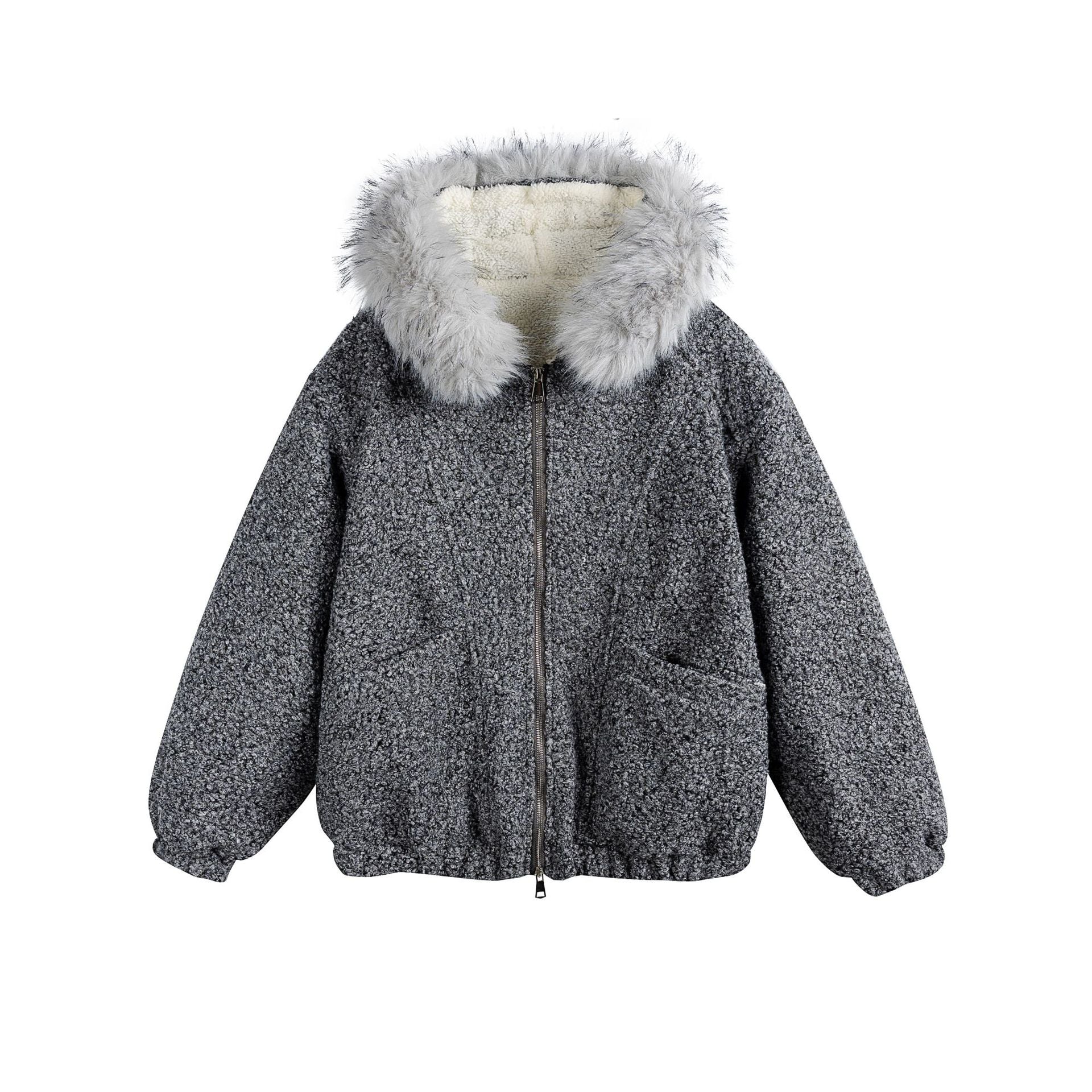 Women's Boucle Blouson Jacket with Voluminous Faux Fur Collar and Thermal Lining Chichicherry