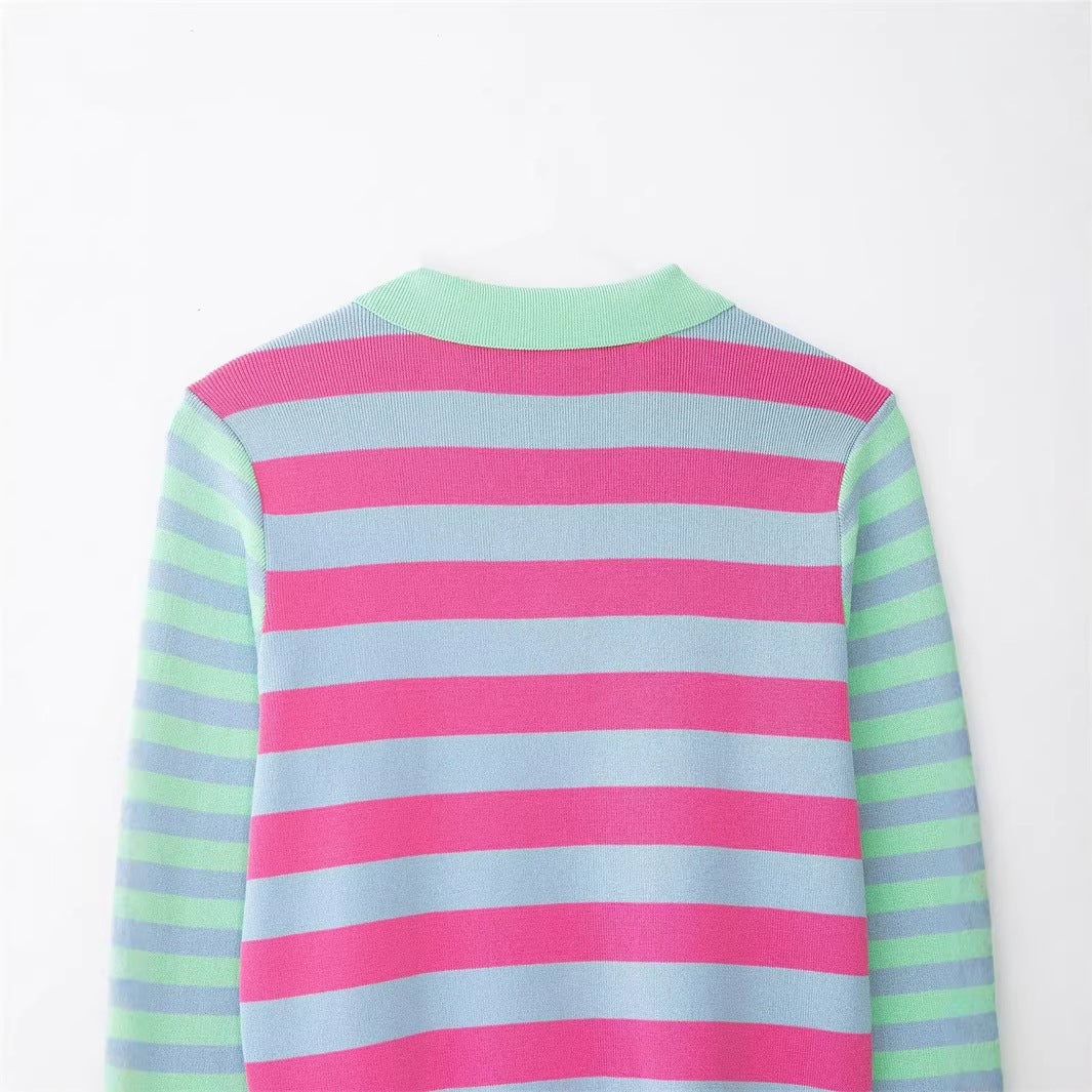 Women's Striped Short Knit Jacket with Polo Collar, Contrasting Button Placket and Ribbed Cuffs Chichicherry