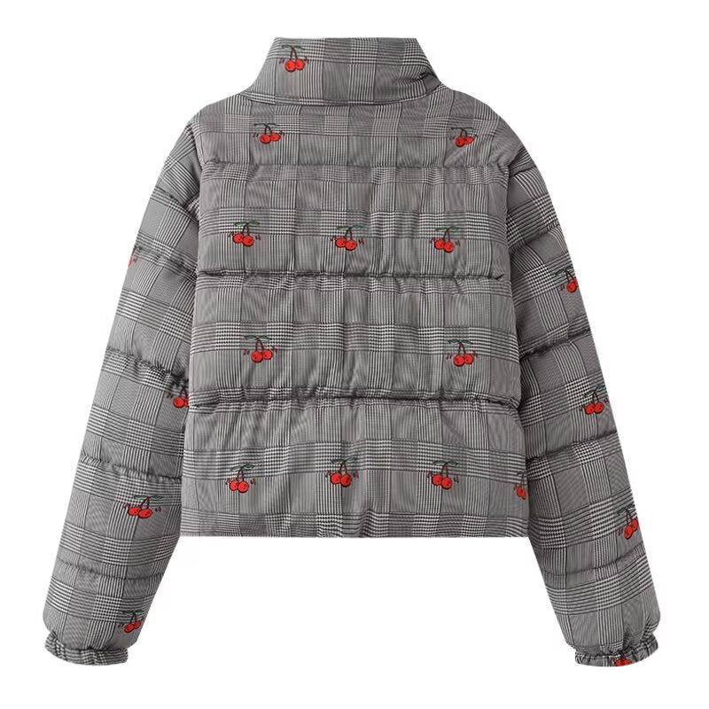 Women's short-cut quilted down-look jacket with stand-up collar and cherry embroidery Chichicherry