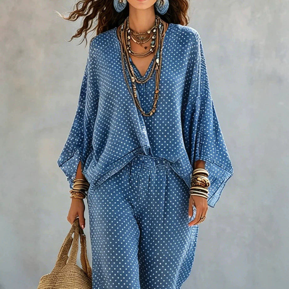 Women's linen look two-piece set with V tunic, batwing sleeves, and wide harem pants Chichicherry