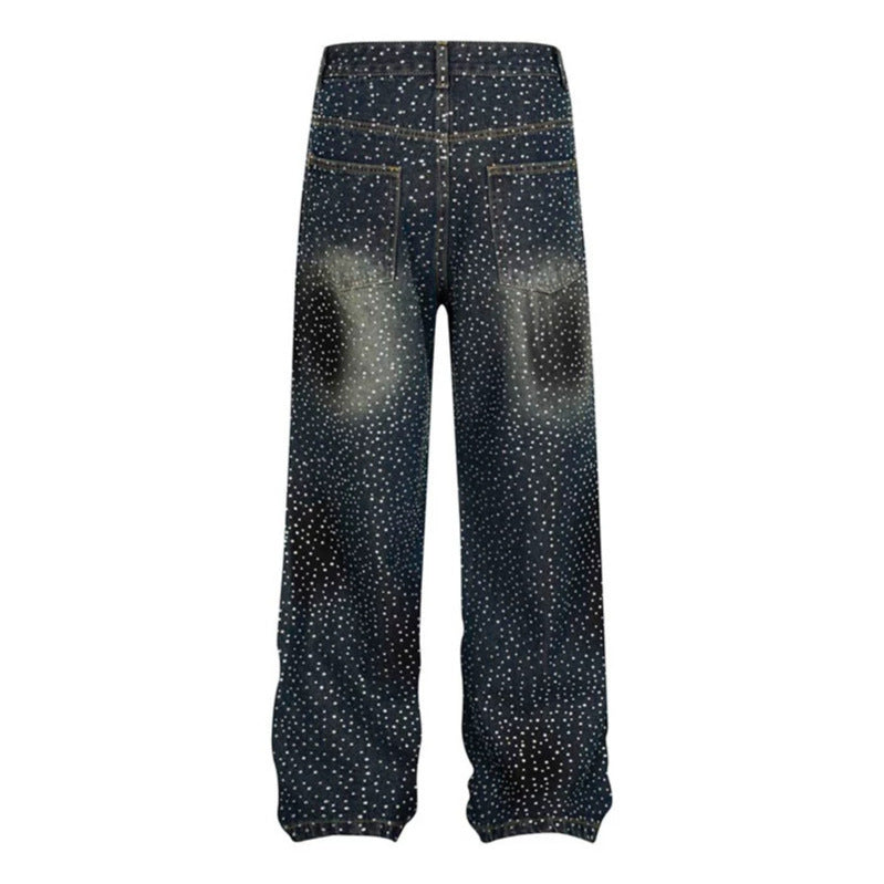 Ladies Wide High-Waist Denim Palazzo Jeans with Allover Rhinestones and Elastic Hem