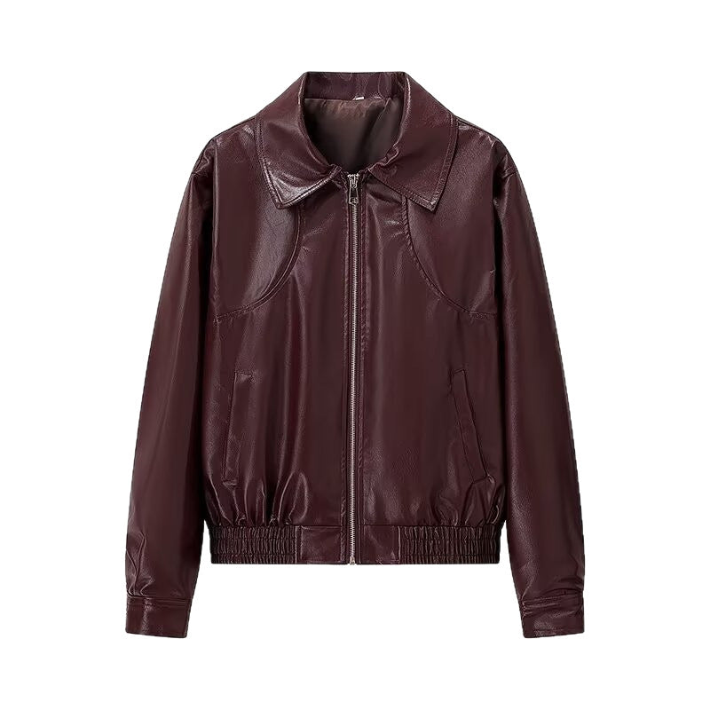 Women's Glossy Faux Leather Blouson Jacket with Zip and Elastic Hem Chichicherry