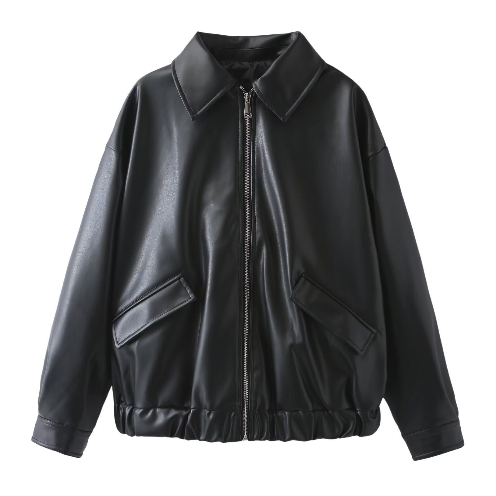 Women's Oversized Faux Leather Bomber Jacket with Zipper, Flap Pockets and Elastic Hem Chichicherry