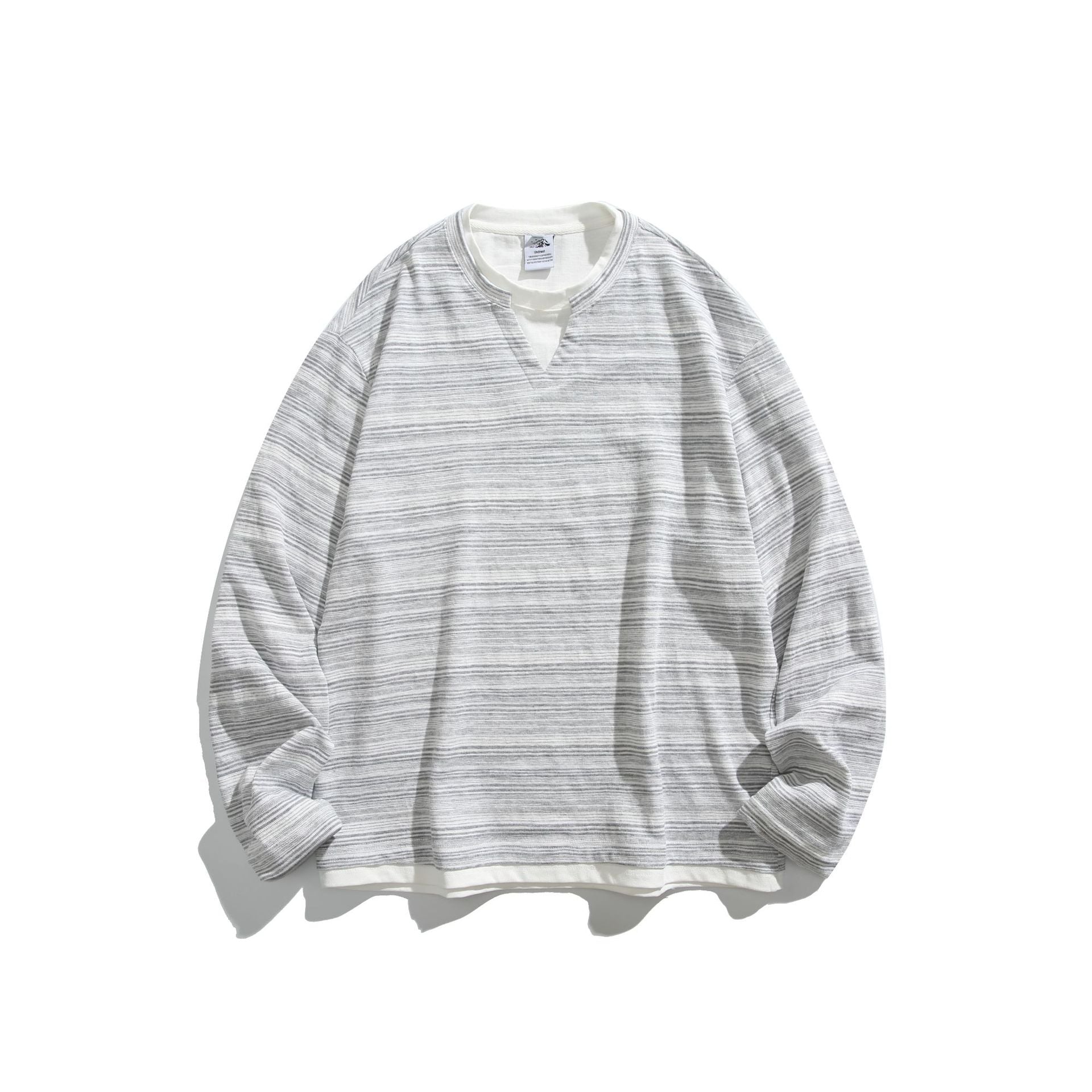 Unisex Striped Long Sleeve Shirt with V-Notch and Layer Effect Chichicherry