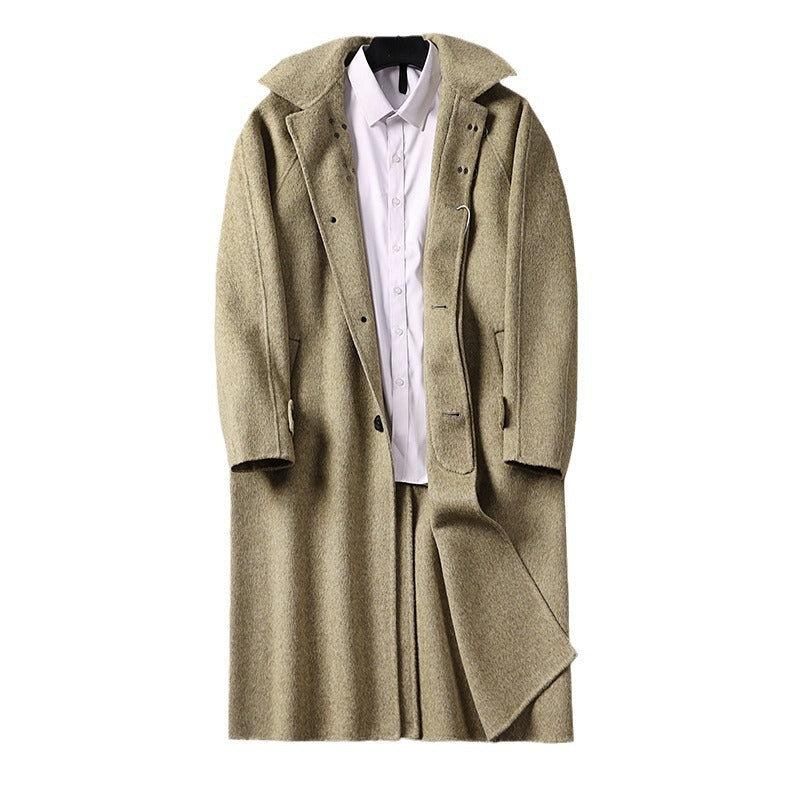 Men's Straight Wool Blend Long Coat with Concealed Front and Decorative Toggle Closures Chichicherry