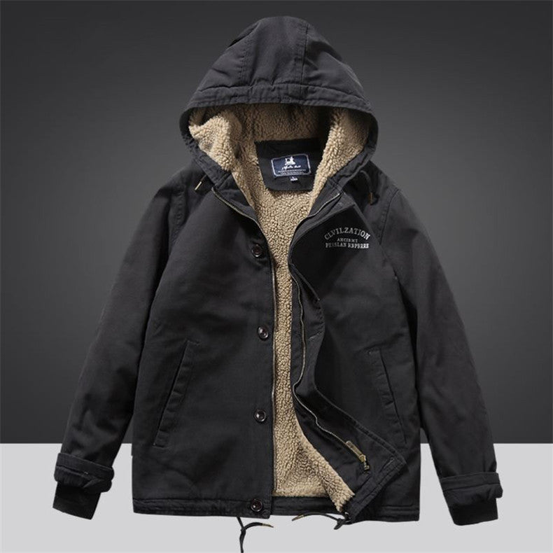 Men's Canvas Hoodie Parka with Continuous Teddy Fleece Lining and Drawstring Chichicherry