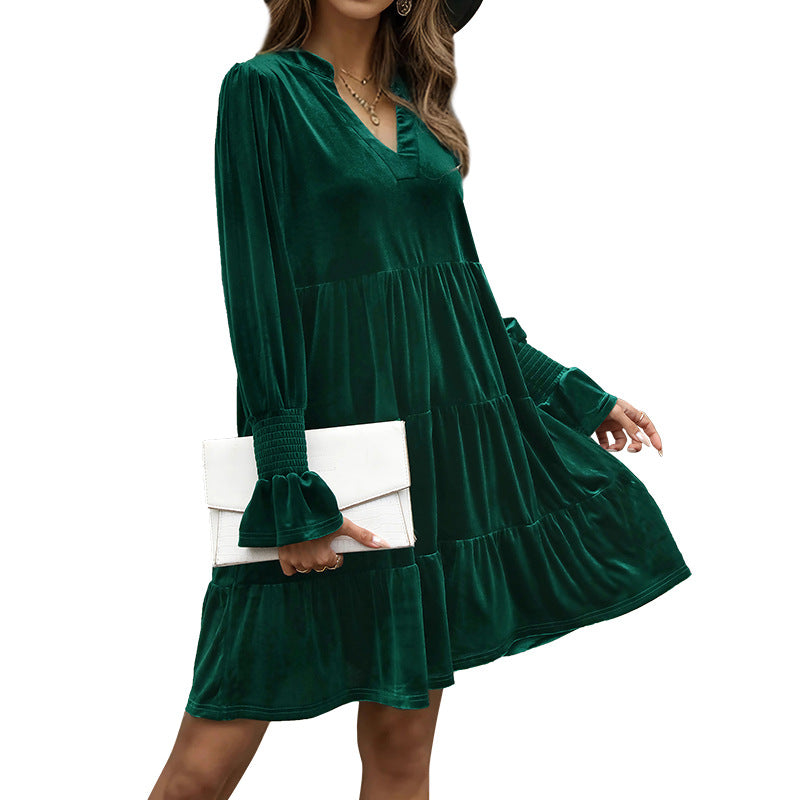Women's velvet tiered dress with V-neck, gathered yoke, and balloon sleeves Chichicherry