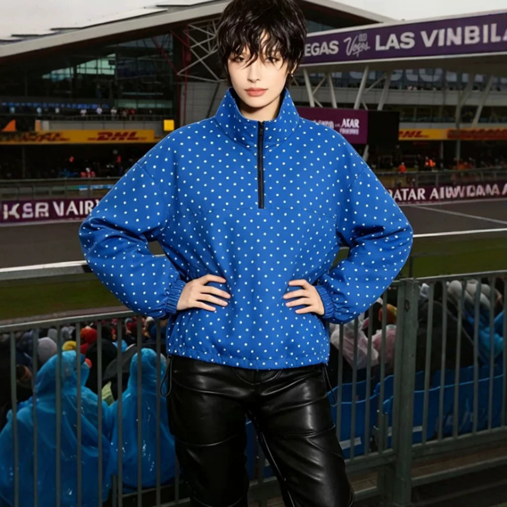 Women's Lightweight Polka Dot Half-Zip Transitional Jacket with Stand-Up Collar and Drawstring Chichicherry