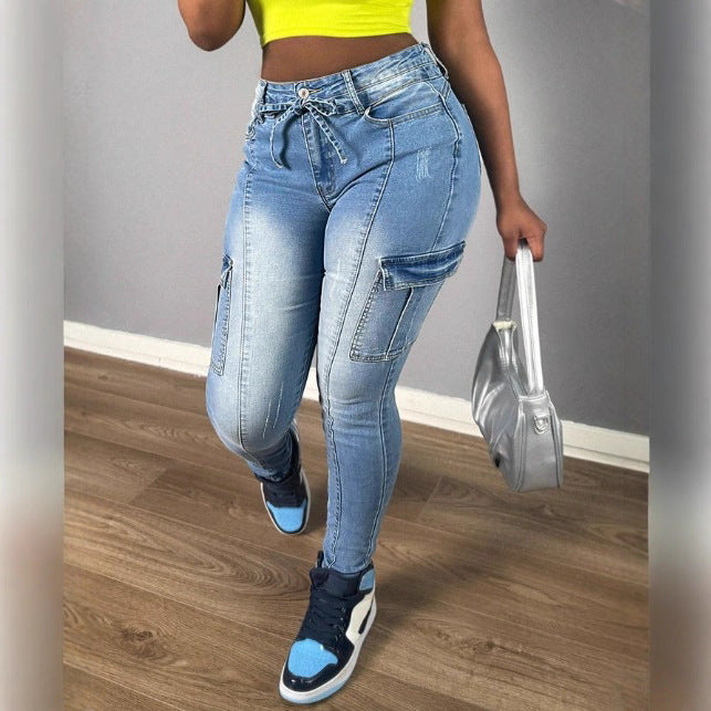 Women's High-waisted stretchy Cargo Skinny Jeans with drawstring waistband Chichicherry