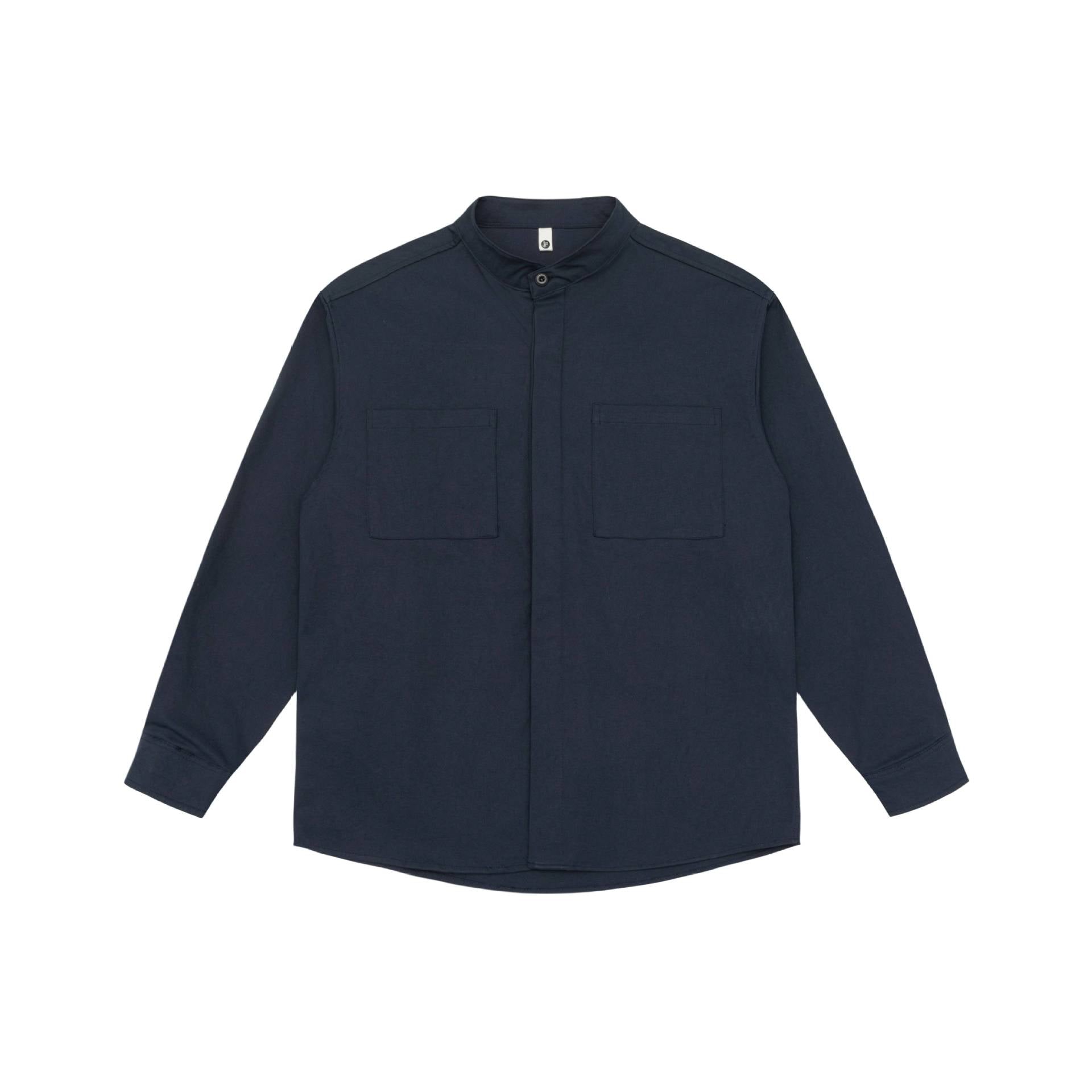 Unisex shirt jacket with stand-up collar, concealed button placket, and patch breast pockets Chichicherry