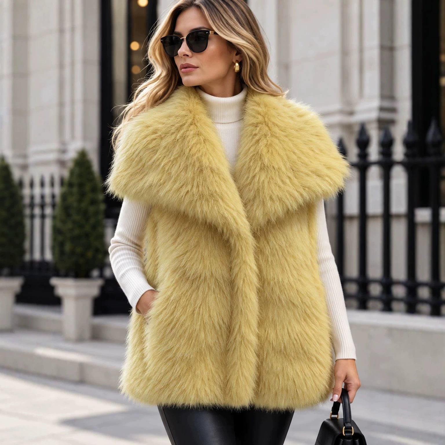 Women Sleeveless High-Pile Faux Fur Vest with Voluminous Shawl Collar and Slip Pockets Chichicherry