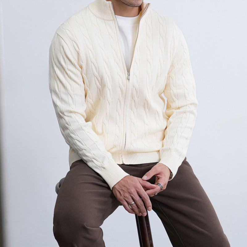 Herren Feiner Zopfmuster-Halbzip-Cardigan mit Rippkragen und silbernem Reißverschluss Chichicherry
