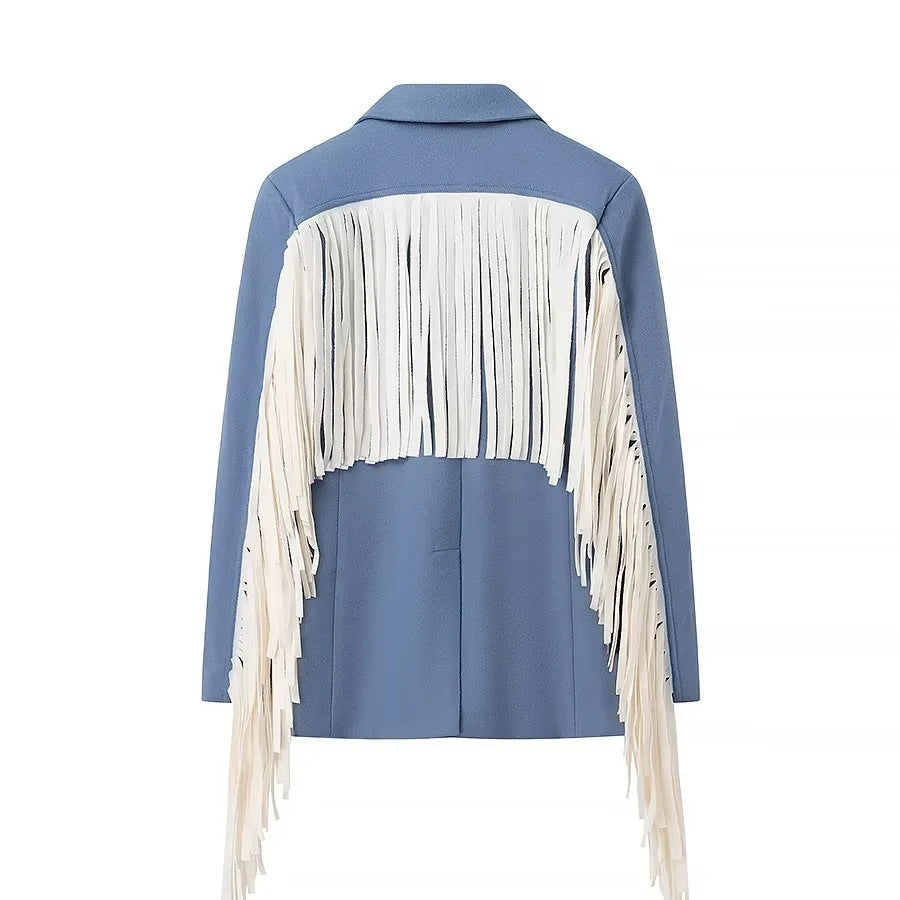 Women Oversize Blazer with Long Fringes and Decorative Seams Chichicherry