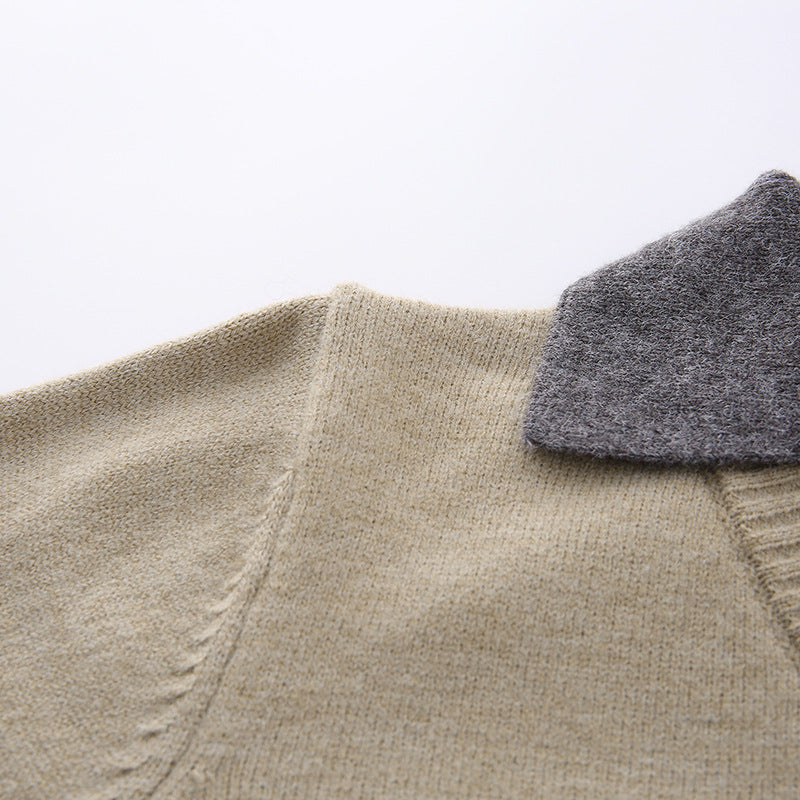 Unisex Lässiger Strukturstrick-Pullover mit offenem Polokragen und tiefem V-Ausschnitt Chichicherry