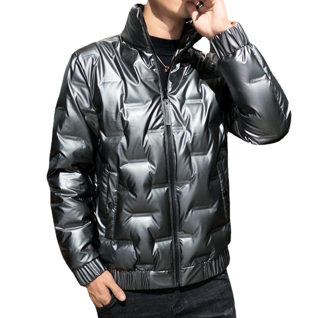 Men's Shiny Thermal Quilted Jacket with Square Quilt and High-Closing Stand-Up Collar Chichicherry