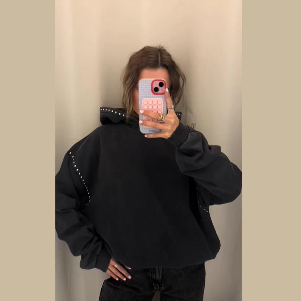Women's Oversized Hooded Sweater with Studded Trim and Balloon Sleeves Chichicherry