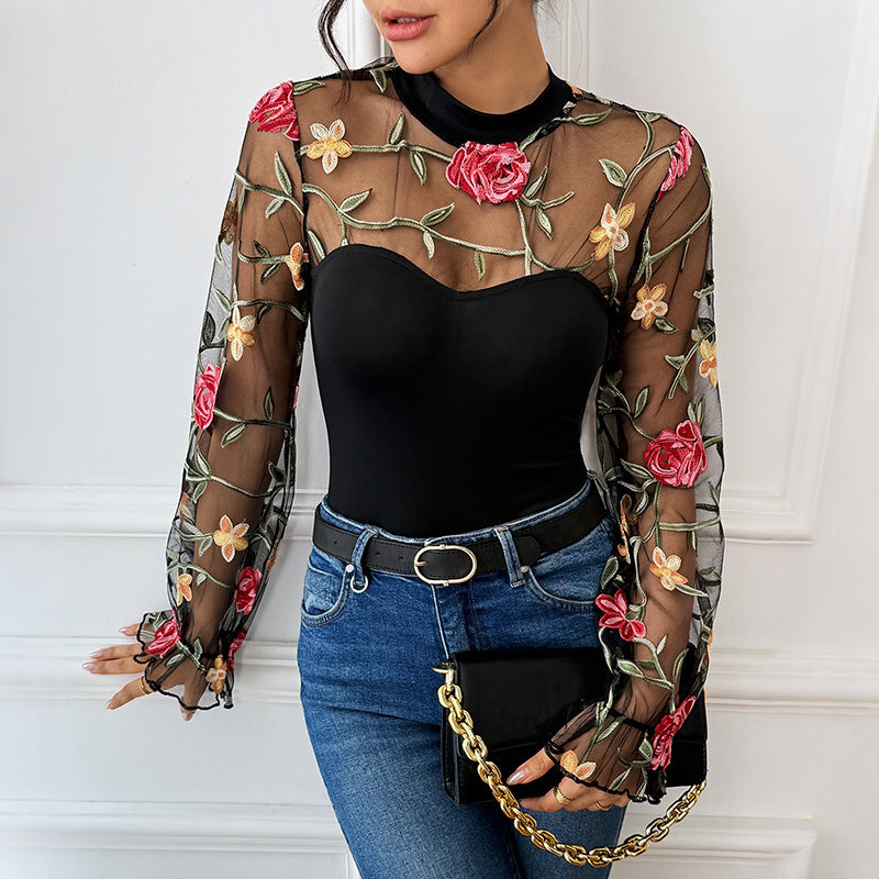 Women's Transparent Mesh Bodysuit with Floral Embroidery, Stand Collar and Bustier Look