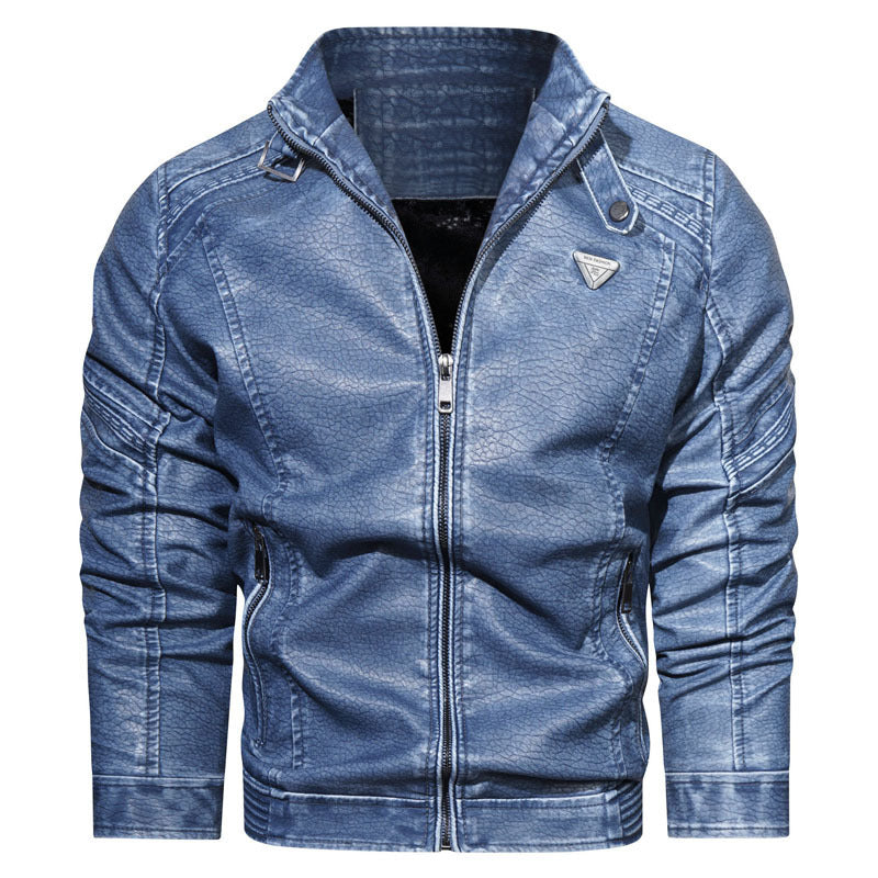 Men's Faux Leather Bomber Jacket in Used Denim Look with Stand Collar and Zipper Pockets Chichicherry